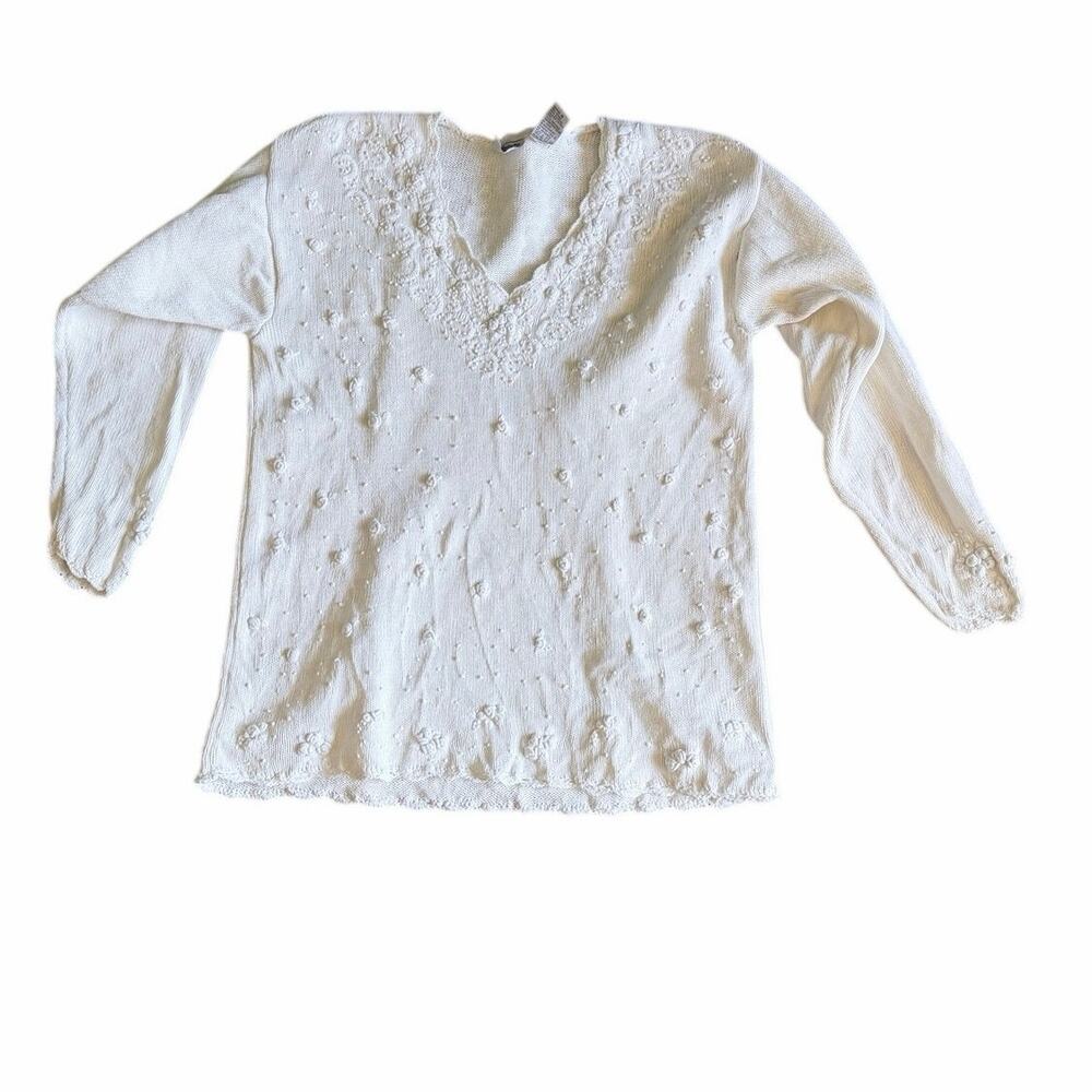 Vintage Huntington ridge cotton ramie cream sweater medium rosette cottagecore